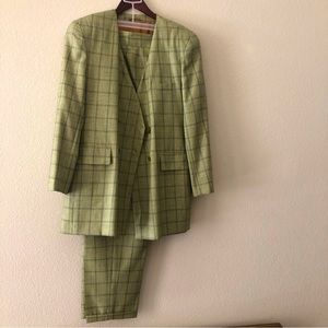 Wool Pantsuit Lime Green Black V-neck Boyfriend Double breasted Blazer & Pants